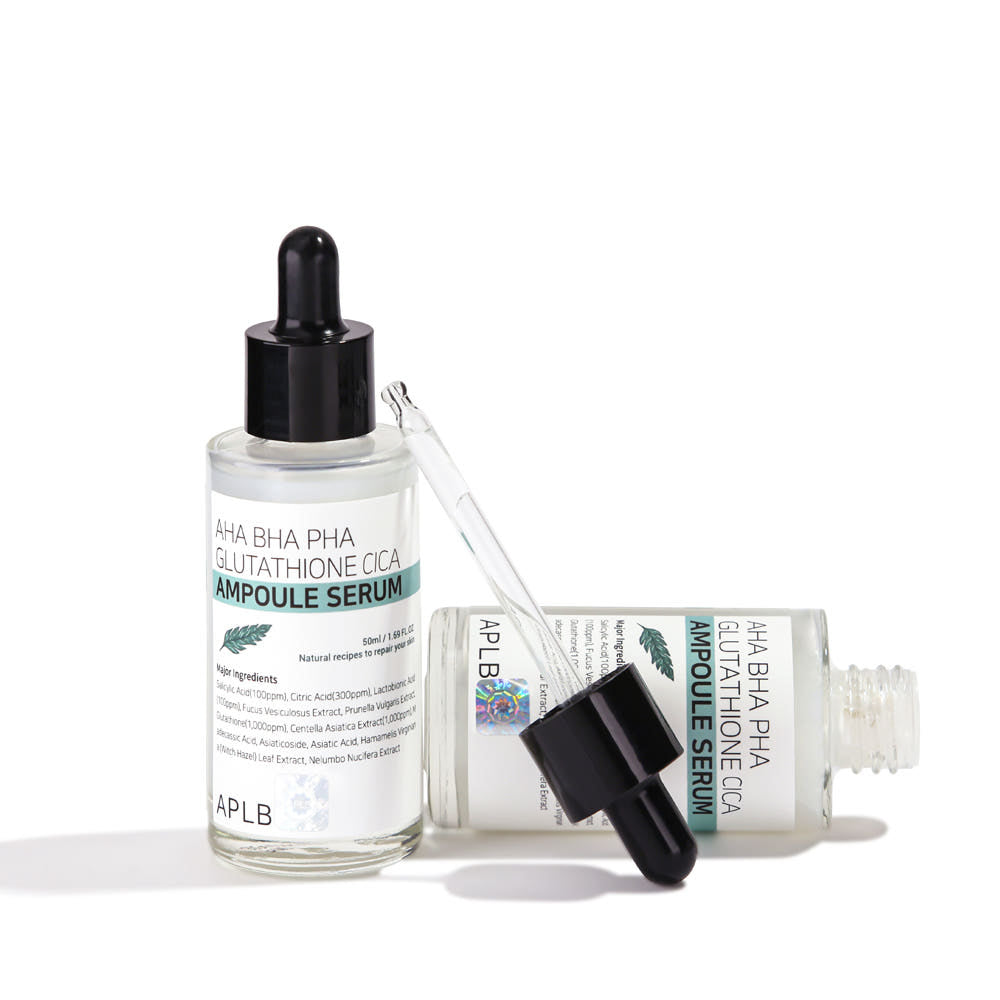 ProtoClinical k-beauty APLB AHA BHA PHA Glutathione Cica Ampoule Serum 50ml single upright dark serum bottle on a white background