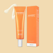 ProtoClinical k-beauty peach beauty product silhouette centered on a light background with pale aqua corner accents.