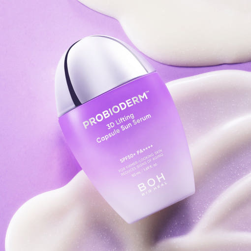 ProtoClinical k-beauty [BIO HEAL BOH] Probioderm 3D Lifting Capsule Sun Serum  50ml single upright sun serum bottle centered on a light background.