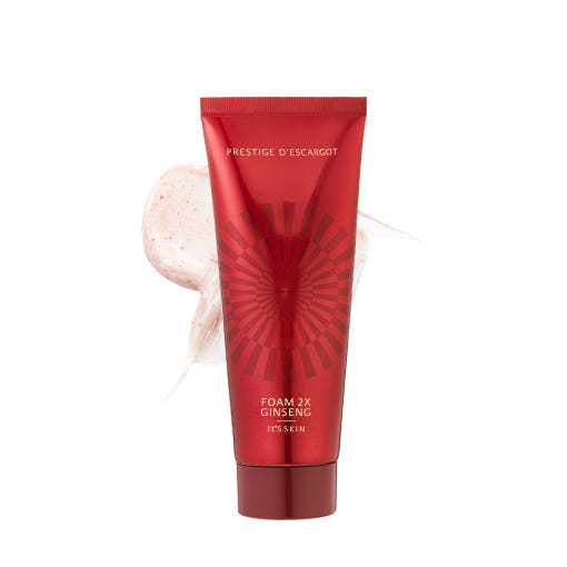 ProtoClinical k-beauty It'S SKIN Prestige Foam 2X Ginseng D'escargot 150ml single upright deep pink cleansing foam tube on a white background with pale aqua side accents.