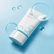 ProtoClinical k-beauty MISSHA All-Around Safe Block Aqua Sun SPF50+ PA++++ 50ml single sunscreen packaging shown in a centered square packshot.