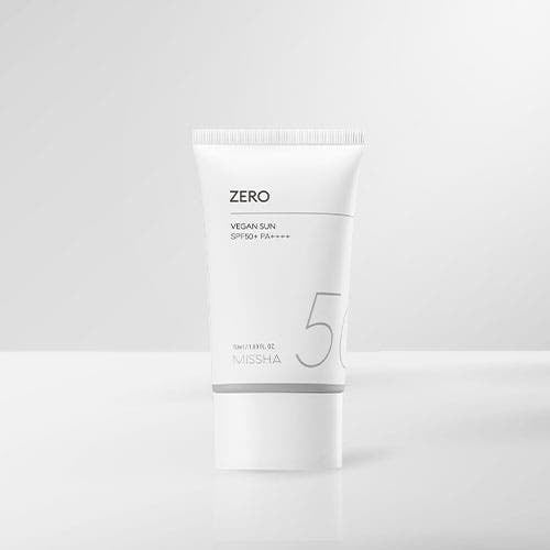 ProtoClinical k-beauty MISSHA All-Around Safe Block Zero Vegan Sun SPF50+ PA++++ 50ml single sunscreen packaging shown in a centered square packshot.