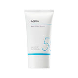 ProtoClinical k-beauty MISSHA All-Around Safe Block Aqua Sun SPF50+ PA++++ 50ml single sunscreen packaging shown in a centered square packshot.
