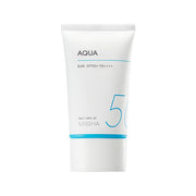 ProtoClinical k-beauty MISSHA All-Around Safe Block Aqua Sun SPF50+ PA++++ 50ml single sunscreen packaging shown in a centered square packshot.