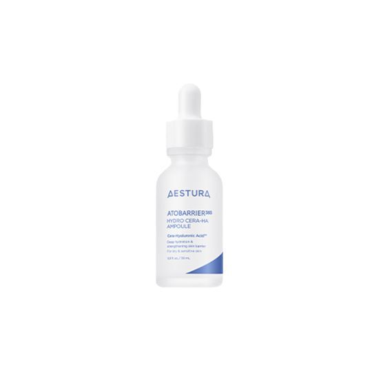ProtoClinical k-beauty AESTURA ATOBARRIER 365 HYDRO CERA-HA AMPOULE 30ml single upright ampoule bottle centered on a light background