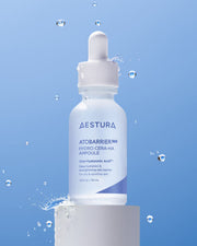 ProtoClinical k-beauty AESTURA ATOBARRIER 365 HYDRO CERA-HA AMPOULE 30ml single upright pale blue ampoule bottle centered on a pale blue and white background