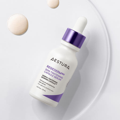 ProtoClinical k-beauty AESTURA REGEDERM 365 Skin Tightening Capsule Serum 30ml single upright serum bottle centered on a pale blue and white background