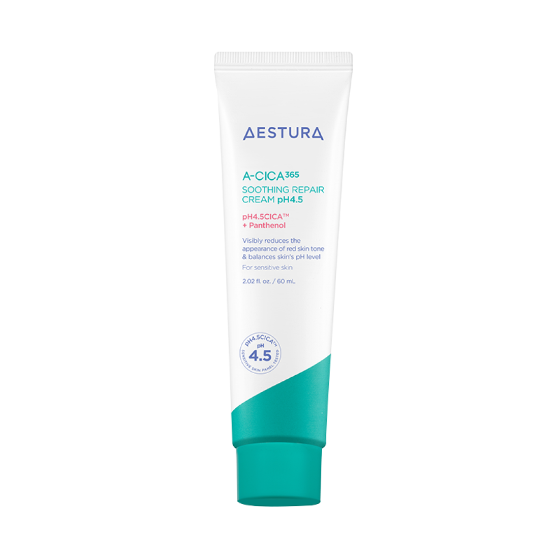 AESTURA A-CICA 365 SOOTHING REPAIR CREAM pH4.5 60ml by ProtoClinical displayed in a clean product shot on a white background, highlighting the cream packaging for a k-beauty routine.