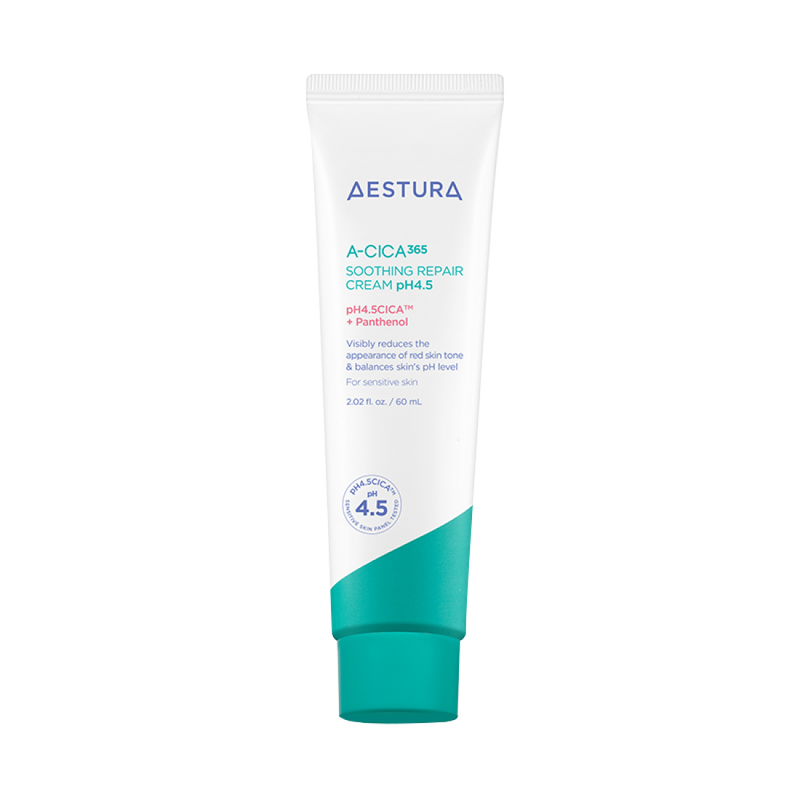 AESTURA A-CICA 365 SOOTHING REPAIR CREAM pH4.5 60ml by ProtoClinical displayed in a clean product shot on a white background, highlighting the cream packaging for a k-beauty routine.