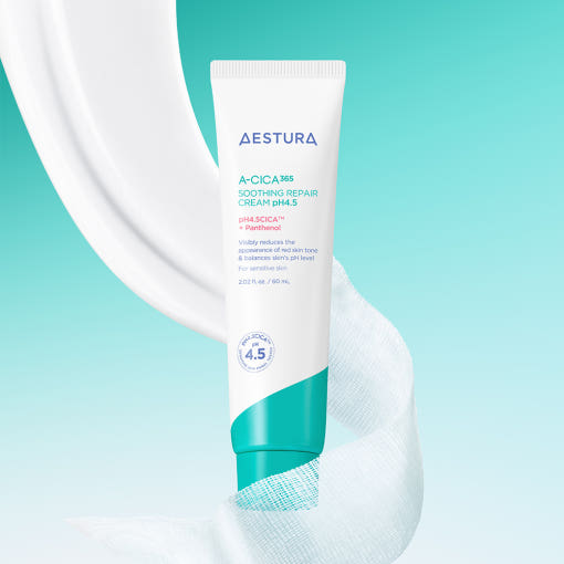 AESTURA A-CICA 365 SOOTHING REPAIR CREAM pH4.5 60ml by ProtoClinical shown in a clean skincare product shot on a white background, highlighting the soothing cream packaging for a k-beauty routine.