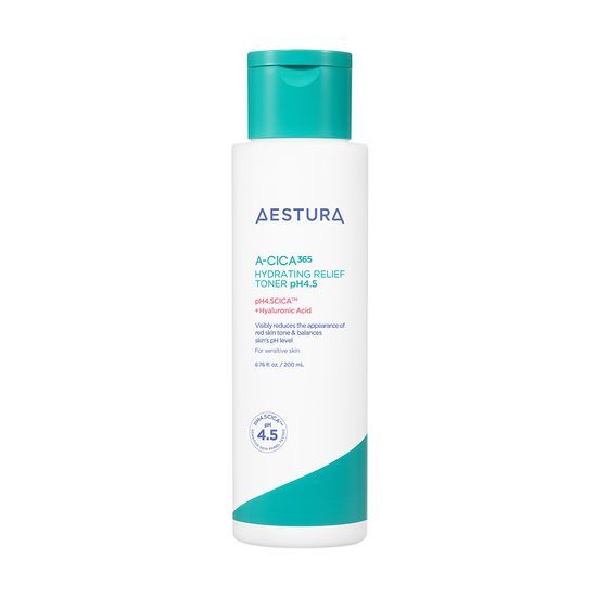 ProtoClinical k-beauty AESTURA A-CICA 365 HYDRATING RELIEF TONER pH4.5 200ml single centered pale blue toner bottle on a white background with soft pink side accents
