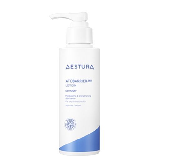 ProtoClinical k-beauty AESTURA ATOBARRIER 365 LOTION 150ml single upright pale blue lotion bottle centered on a white background