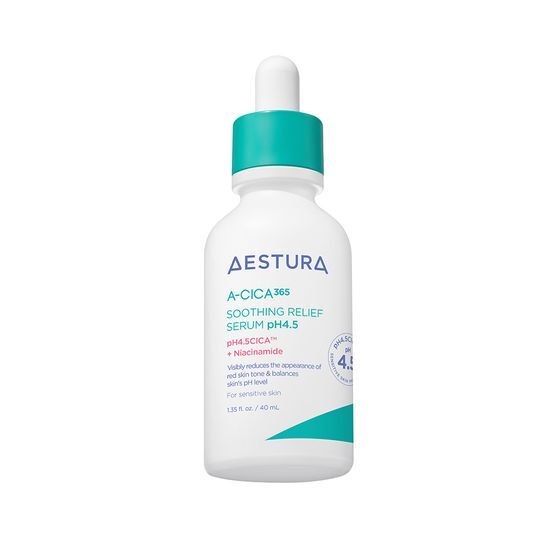ProtoClinical k-beauty AESTURA A-CICA 365 SOOTHING RELIEF SERUM pH4.5 40ml single upright serum container centered on a light background.