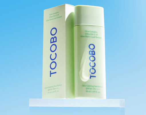 ProtoClinical k-beauty TOCOBO Cica Calming Sun Serum SPF50+ PA++++ 50ml single sun serum packaging shown in a centered packshot on a clean white background