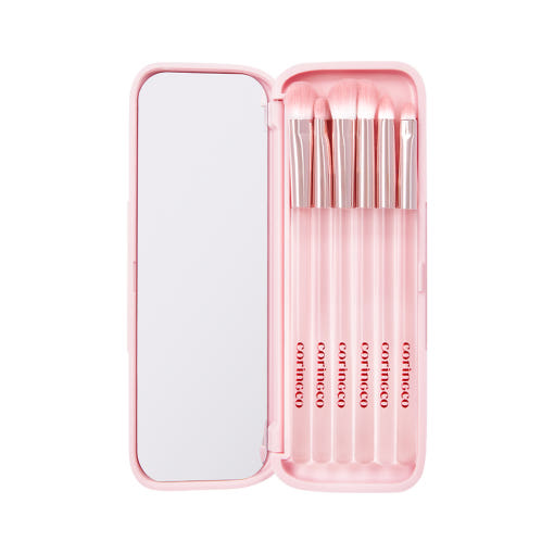 CORINGCO Pink Pocket Eye Brush Set 6P by ProtoClinical presented in a pocket eye brush set image for a k-beauty makeup routine.