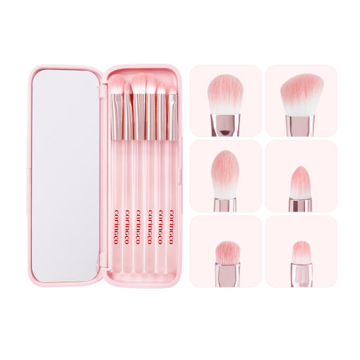 CORINGCO Pink Pocket Eye Brush Set 6P by ProtoClinical displayed in a pink eye brush set presentation for a k-beauty beauty tool routine.