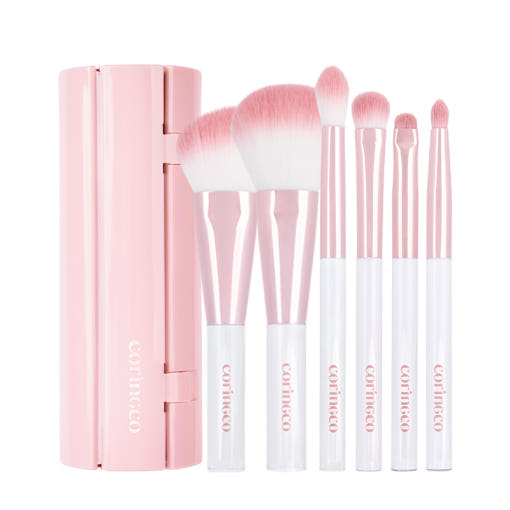 CORINGCO Pink Roll Brush Set 6P by ProtoClinical displayed in a pink brush set presentation for a k-beauty beauty tool routine.