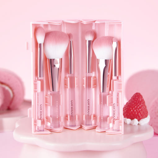CORINGCO Pink Roll Brush Set 6P by ProtoClinical shown in a makeup brush set product image for a k-beauty beauty tool routine.