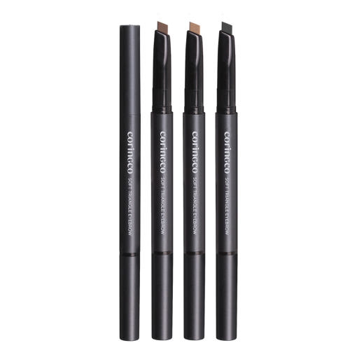 ProtoClinical k-beauty CORINGCO Soft Triangle Eyebrow 0.17g (3 Colors) single slim dark eyebrow pencil standing upright on a white background