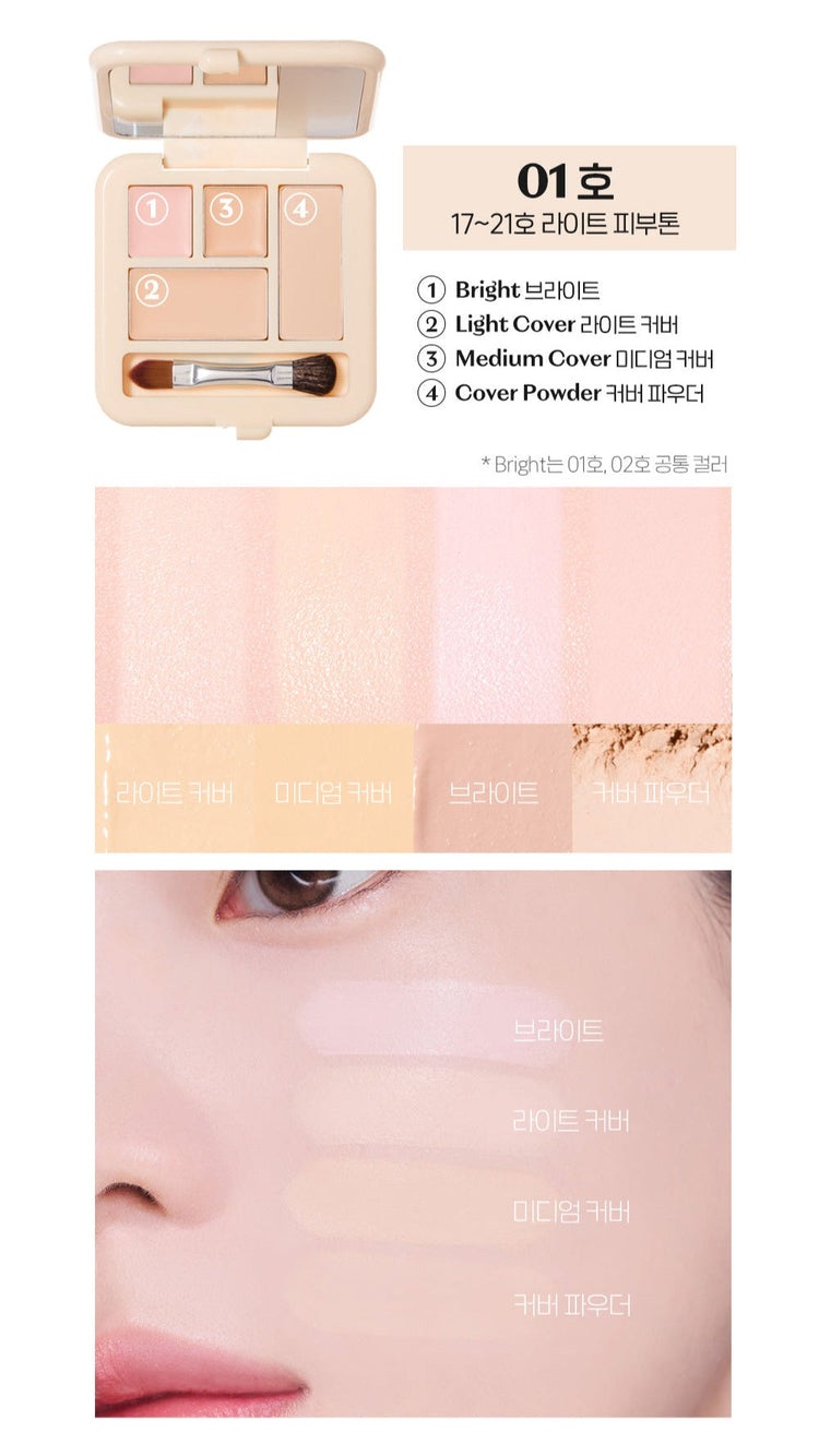 ProtoClinical k-beauty ETUDE Double Lasting Artist Concealer Palette 5.3g peach-toned concealer swatches in a vertical product graphic on a light background with soft white margins