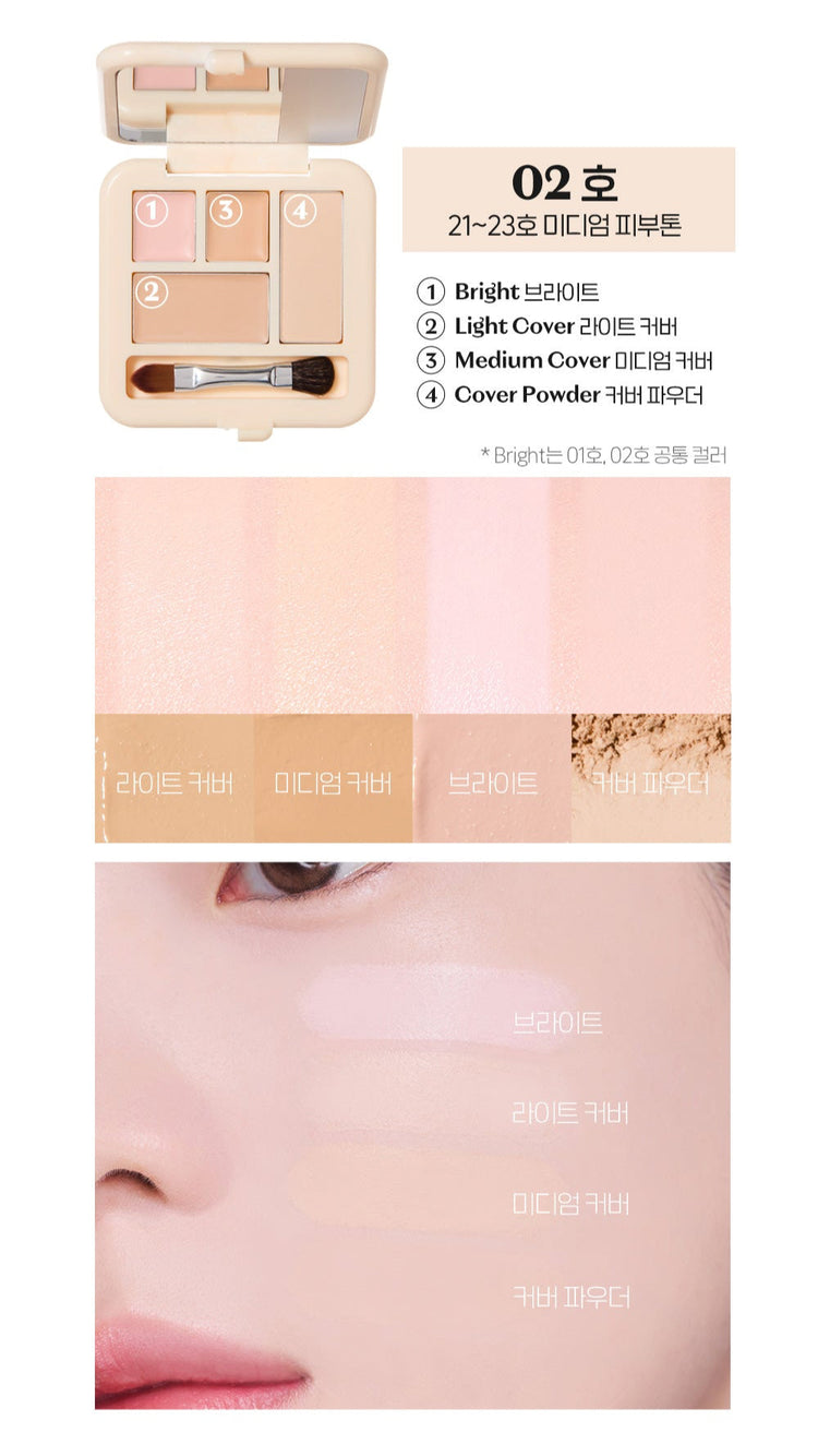 ProtoClinical k-beauty ETUDE Double Lasting Artist Concealer Palette 5.3g peach-toned concealer swatches in a vertical product graphic on a light background with soft white margins