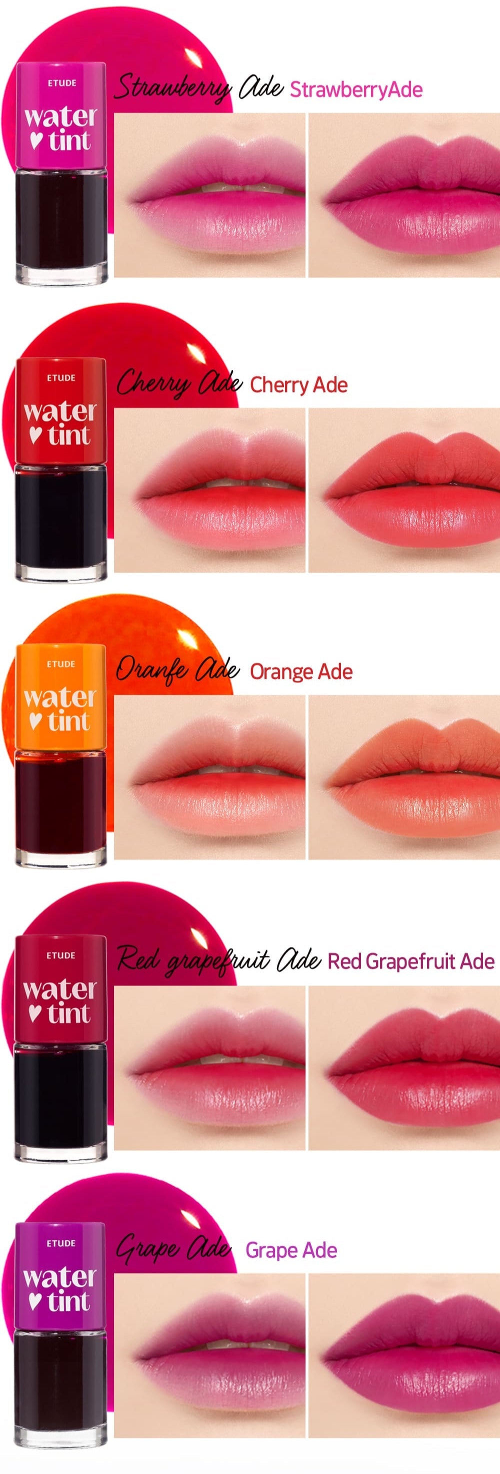 ProtoClinical k-beauty ETUDE Dear Darling Water Tint 9g vertical detail graphic with pink-red shade swatches, tint bottle images, and a pale background