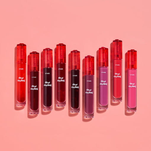 ProtoClinical k-beauty ETUDE Dear Darling Water Gel Tint 5g single red gel tint bottle with a dark cap, centered upright on a pale peach studio background