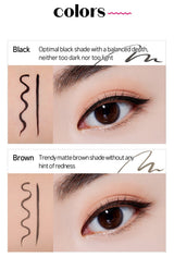 ProtoClinical k-beauty ETUDE Line Fix Brush Liner 0.5g shown in a two-panel eyeliner swatch graphic on a light background.