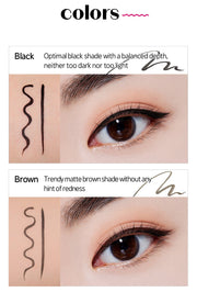 ProtoClinical k-beauty ETUDE Line Fix Brush Liner 0.5g shown in a two-panel eyeliner swatch graphic on a light background.