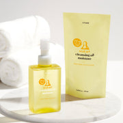 ProtoClinical k-beauty ETUDE Real Art Cleansing Oil Moisture & Refill 185ml+185ml two upright cleansing oil items side by side on a pale yellow and lavender background.