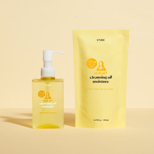 ProtoClinical k-beauty ETUDE Real Art Cleansing Oil Moisture & Refill 185ml+185ml with a clear pump bottle and yellow refill pouch standing side by side on a warm pale yellow background
