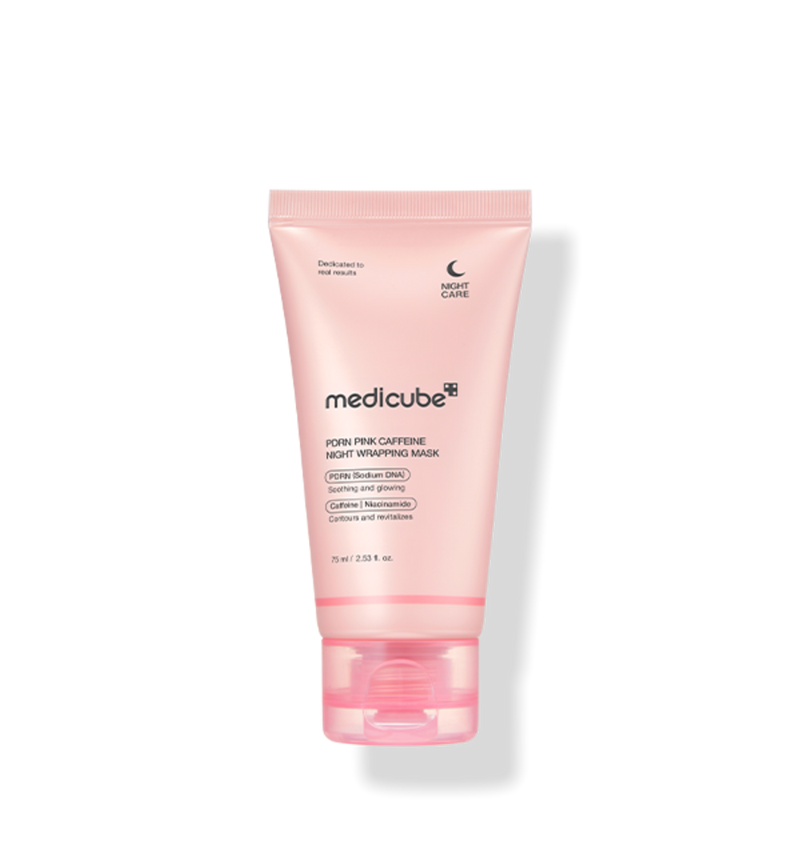 ProtoClinical k-beauty MEDICUBE: PDRN Pink Caffeine Night Wrapping Mask (75ml) front-facing pink product packaging in a studio image on a clean white background