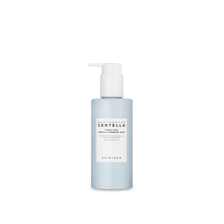 SKIN1004: Madagascar Centella Hyalu-cica Gentle Cleansing Milk (200ml) by ProtoClinical presented in a square product graphic with cleansing milk packaging and branding details for a k-beauty cleansing routine.