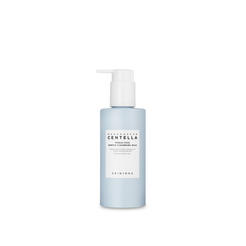 SKIN1004: Madagascar Centella Hyalu-cica Gentle Cleansing Milk (200ml) by ProtoClinical presented in a square product graphic with cleansing milk packaging and branding details for a k-beauty cleansing routine.
