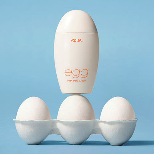 ProtoClinical k-beauty A'pieu Egg PHA Pore Cream 65g single upright cream package with a pale yellow center and blue side shading on a cool blue background
