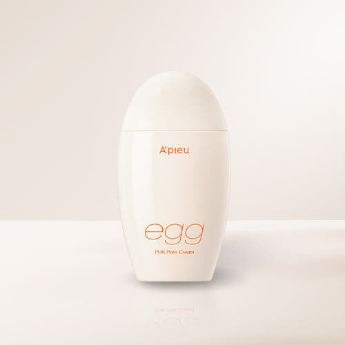 ProtoClinical k-beauty A'pieu Egg PHA Pore Cream 65g single upright cream package with a pale yellow center on a cool blue background