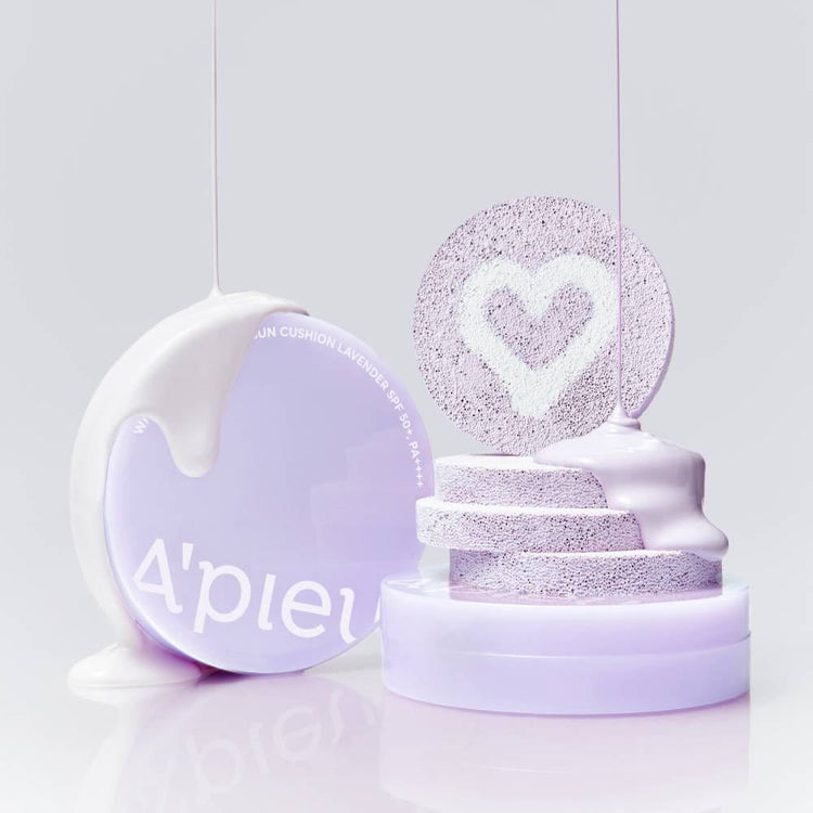 A'pieu Waterlock Tone Up Sun Cushion Lavender SPF50+ PA++++ 15g by ProtoClinical presented in a product detail graphic featuring the lavender sun cushion compact for a k-beauty routine.