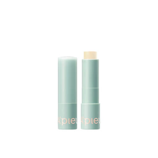 ProtoClinical k-beauty A'pieu Juicy Pang Care Lip Balm 3.7g (3 Colors) with a pale mint tube and cap standing side by side, showing a cream balm bullet on a white background
