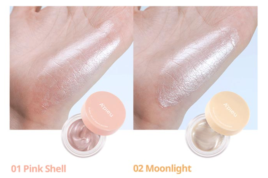 ProtoClinical k-beauty A'pieu Juicy Pang Glossy Jelly Highlighter 3.8g (2 Colors) side-by-side arm swatches for 01 Pink Shell and 02 Moonlight with two open jars below on a white background