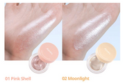 ProtoClinical k-beauty A'pieu Juicy Pang Glossy Jelly Highlighter 3.8g (2 Colors) side-by-side arm swatches for 01 Pink Shell and 02 Moonlight with two open jars below on a white background