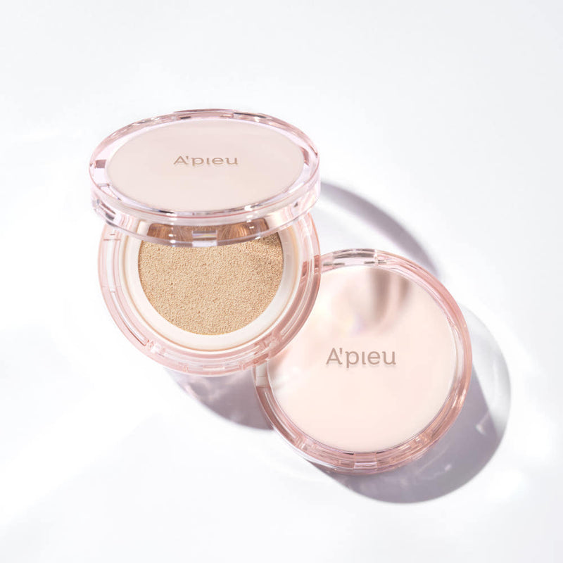 ProtoClinical k-beauty A'pieu Waterlock Cushion SPF50+ PA++++ Set 15g + 15g(Refill) #21 Light Beige open pink compact showing the beige cushion beside a matching lid on a white background