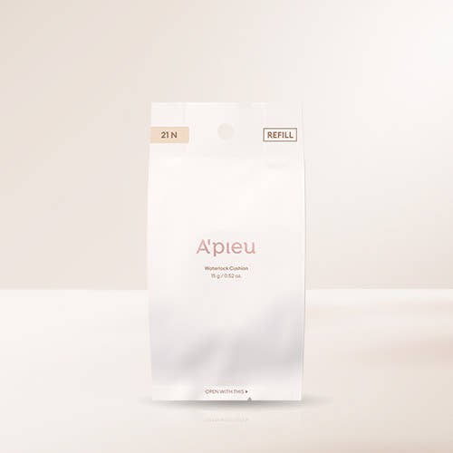 ProtoClinical k-beauty A'pieu Waterlock Cushion SPF50+ PA++++ Set 15g + 15g(Refill) #21 Light Beige white refill pouch labeled 21N standing upright on a pale beige background