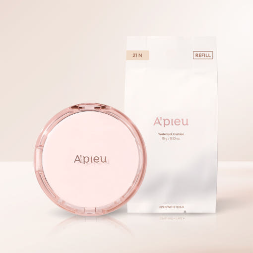 ProtoClinical k-beauty A'pieu Waterlock Cushion SPF50+ PA++++ Set 15g + 15g(Refill) #21 Light Beige closed pink compact beside a white refill pouch labeled 21N on a pale beige background