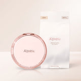 ProtoClinical k-beauty A'pieu Waterlock Cushion SPF50+ PA++++ Set 15g + 15g(Refill) #21 Light Beige closed pink compact beside a white refill pouch labeled 21N on a pale beige background