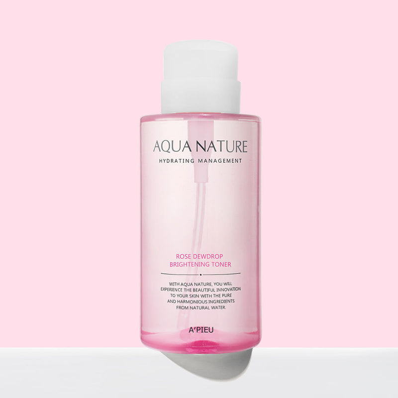 ProtoClinical k-beauty A'pieu Aqua Nature Rose Dew Drop Brightening Toner 500ml single upright pink toner bottle centered on a pale blush background