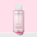 ProtoClinical k-beauty A'pieu Aqua Nature Rose Dew Drop Brightening Toner 500ml single upright pink toner bottle centered on a pale blush background