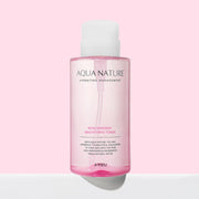 ProtoClinical k-beauty A'pieu Aqua Nature Rose Dew Drop Brightening Toner 500ml single upright pink toner bottle centered on a pale blush background