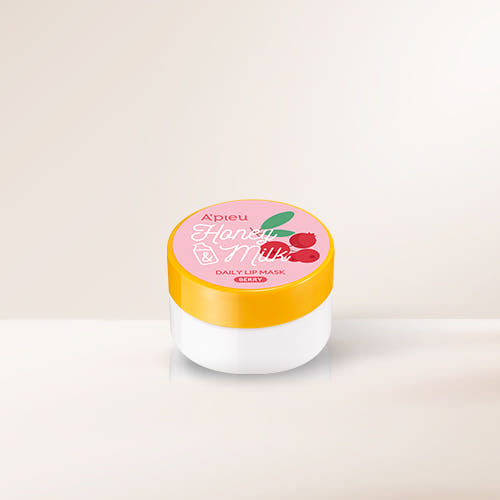 ProtoClinical k-beauty A'pieu Honey & Milk Daily Lip Mask 6g (3 Flavours) shown as a single white lip mask jar with a yellow Berry lid centered on a light beige background