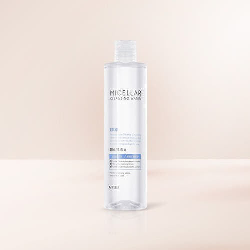 ProtoClinical k-beauty A'pieu Micellar Cleansing Water (Fresh) 330ml single upright cleansing water bottle centered in a square packshot on a light background
