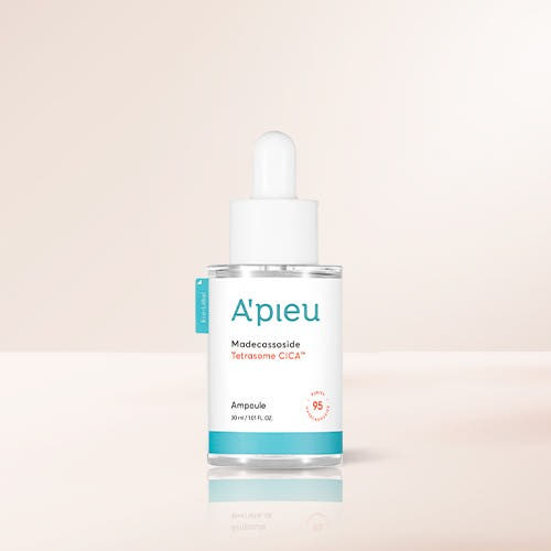 ProtoClinical k-beauty A'pieu Madecassoside Tetrasome CICA Ampoule 30ml single upright ampoule bottle centered on a light background